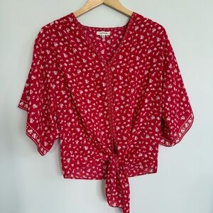 Max Studio Red Floral Tie Waist Angel Sleeve Kimono Style Blouse Size Large